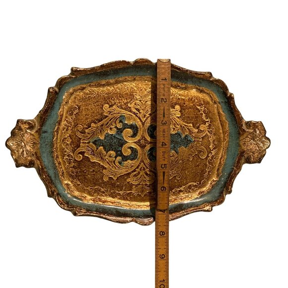 Vintage Florentine Gilded Wooden Tray From Italy Turquoise Blue And Gold - Picture 4 of 4